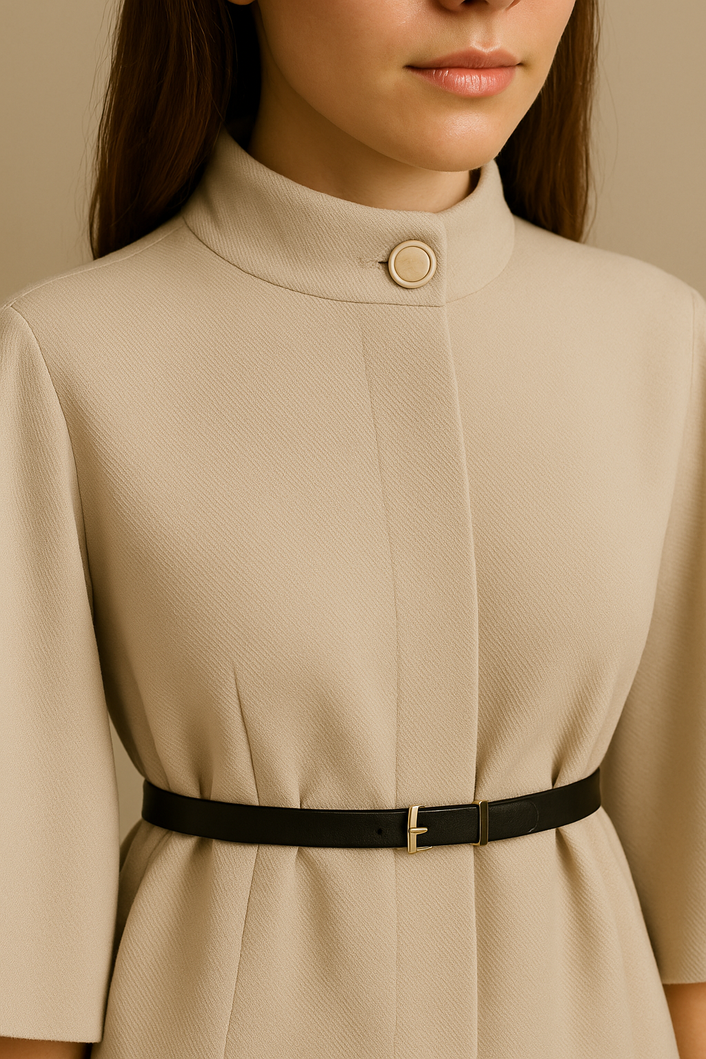 Stand Collar Wool Cloak Coat with Belt in Khaki