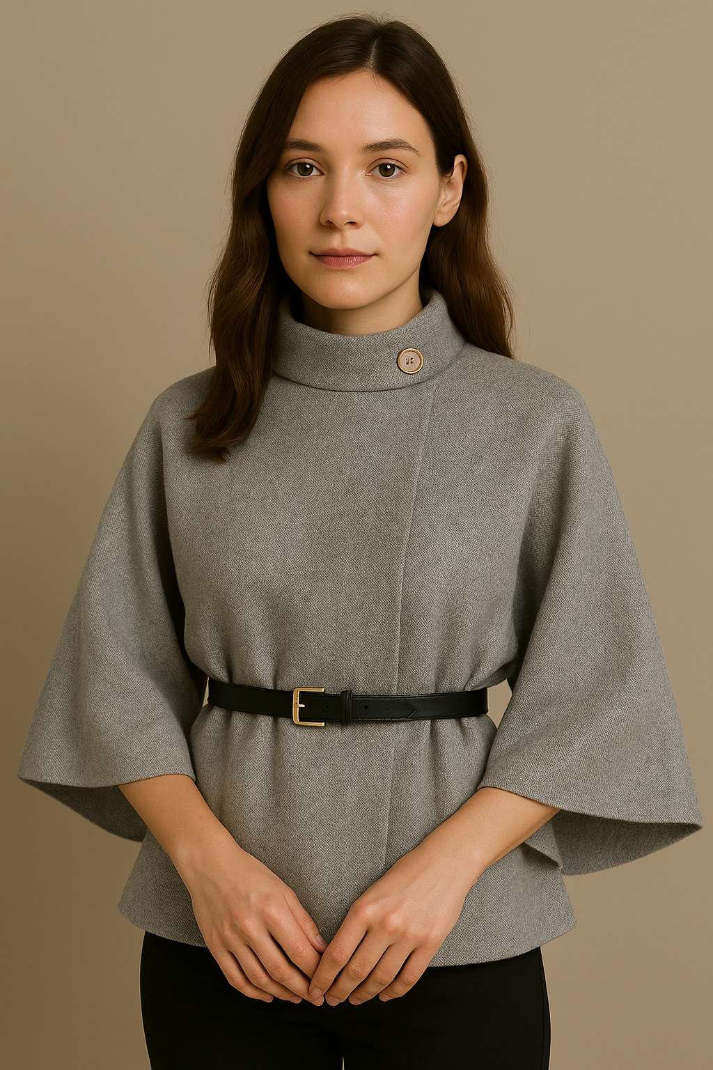 Stand Collar Wool Cloak Coat with Belt in Gray