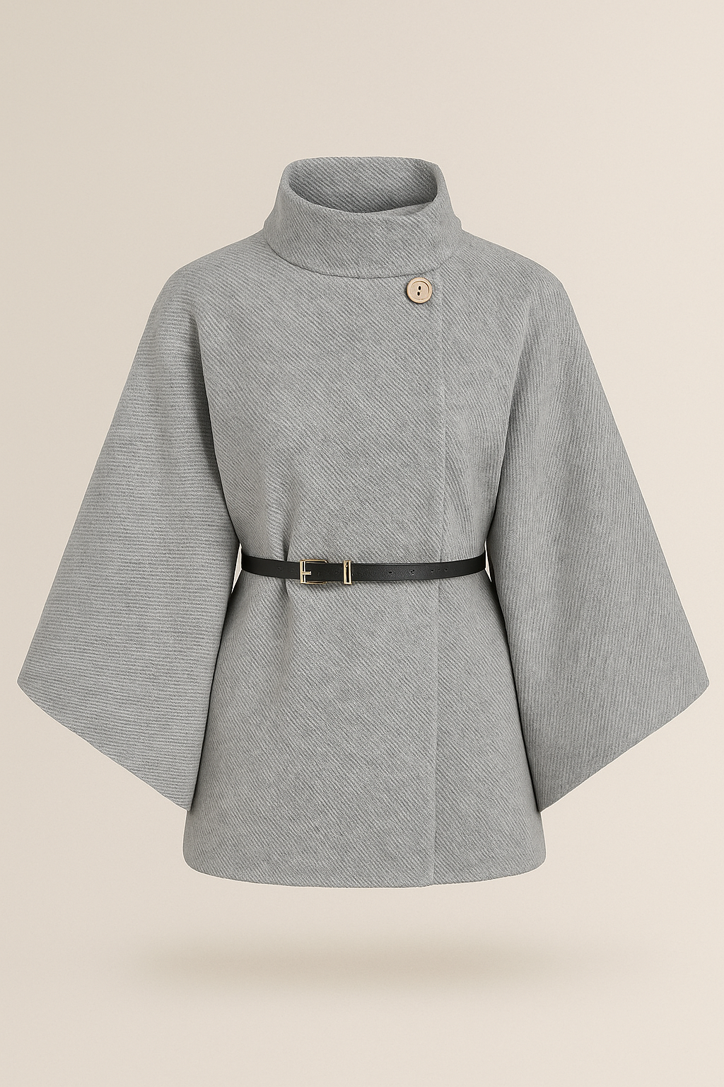 Stand Collar Wool Cloak Coat with Belt in Gray