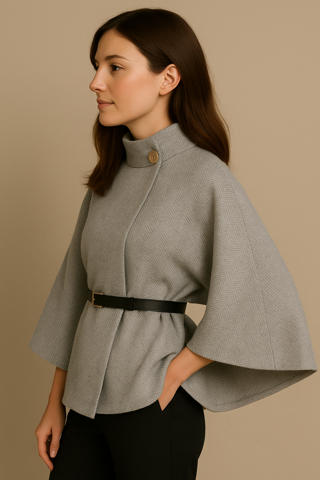 Stand Collar Wool Cloak Coat with Belt in Gray
