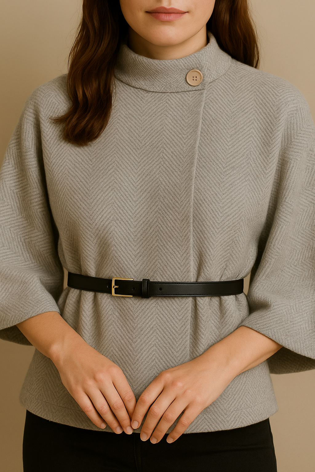 Stand Collar Wool Cloak Coat with Belt in Gray