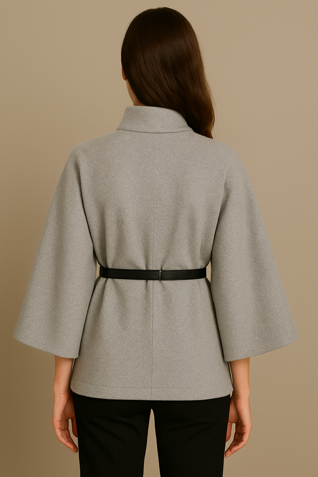 Stand Collar Wool Cloak Coat with Belt in Gray