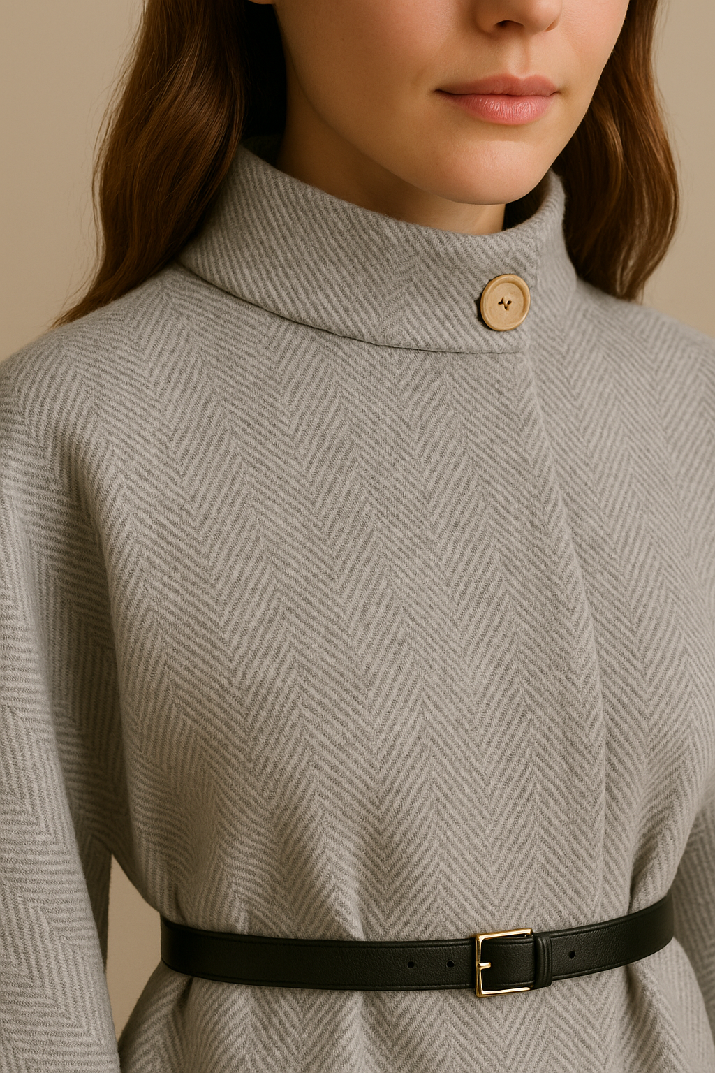Stand Collar Wool Cloak Coat with Belt in Gray