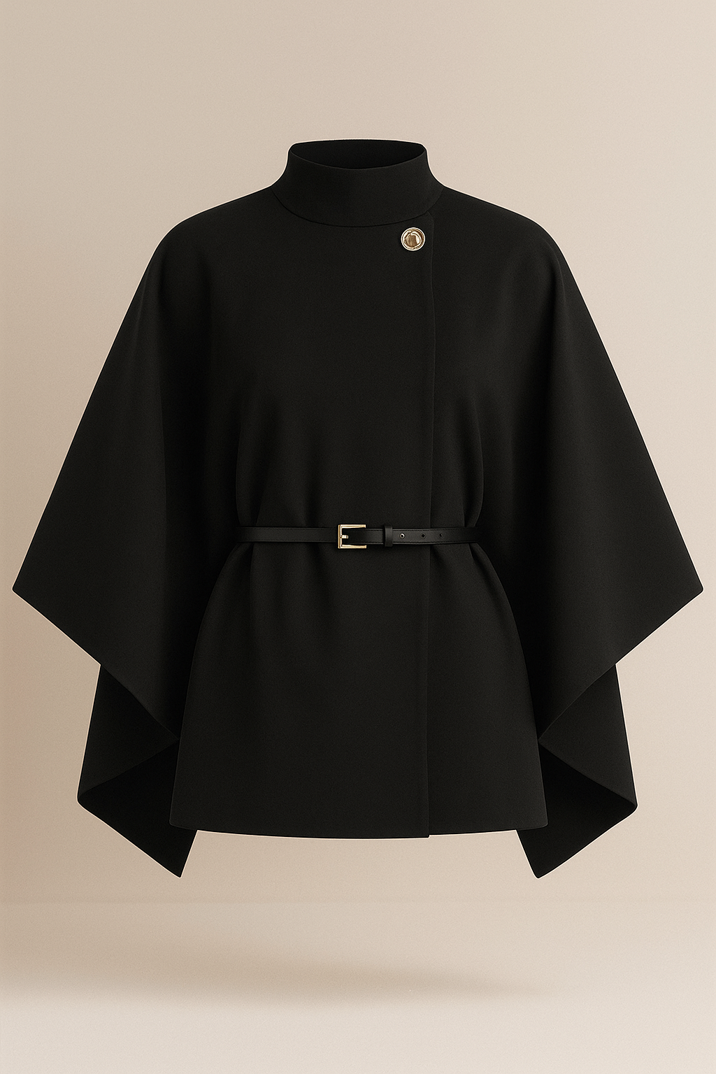 Stand Collar Wool Cloak Coat with Belt in Black