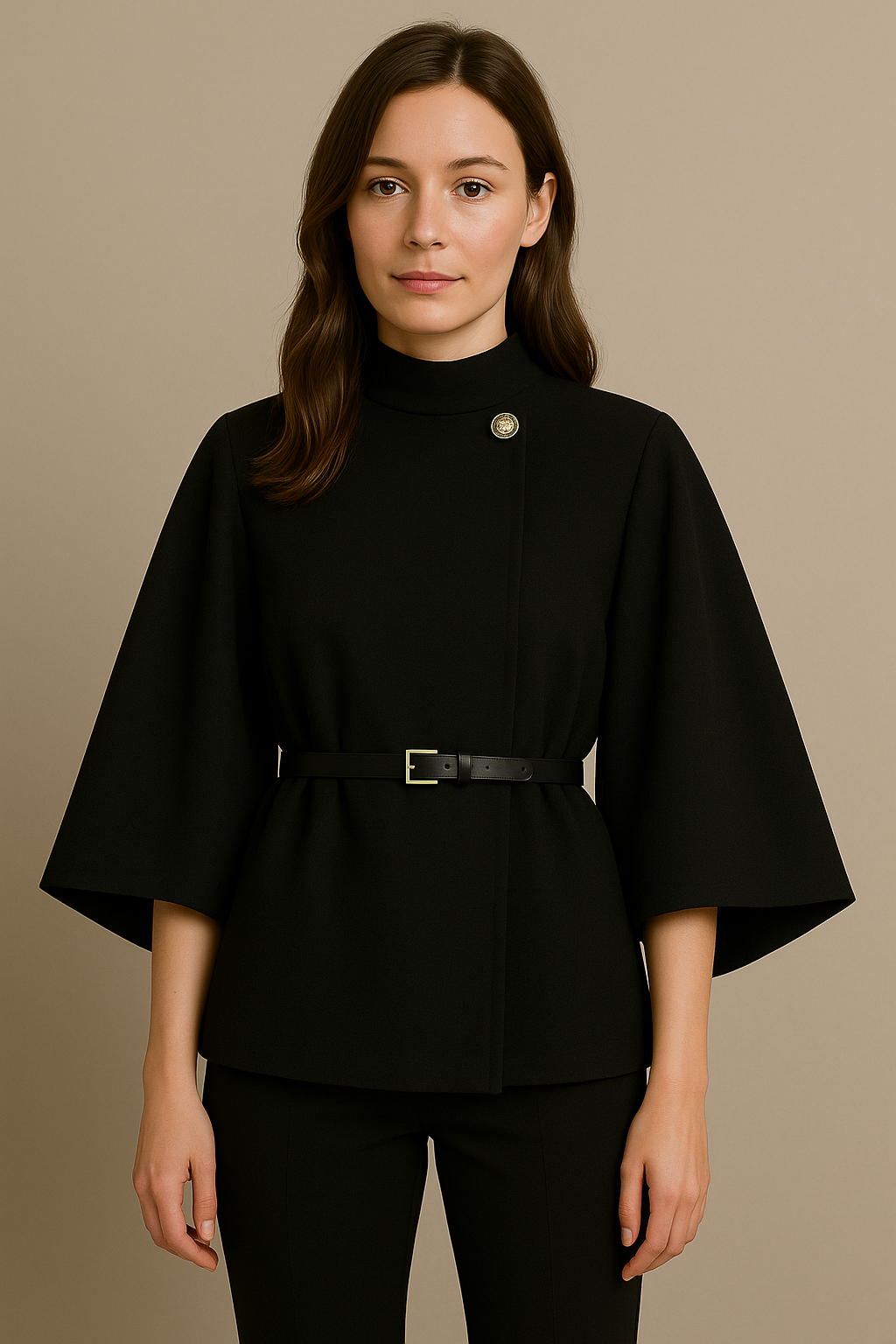 Stand Collar Wool Cloak Coat with Belt in Black