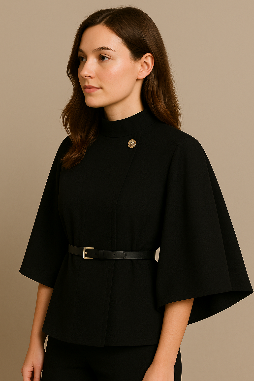 Stand Collar Wool Cloak Coat with Belt in Black