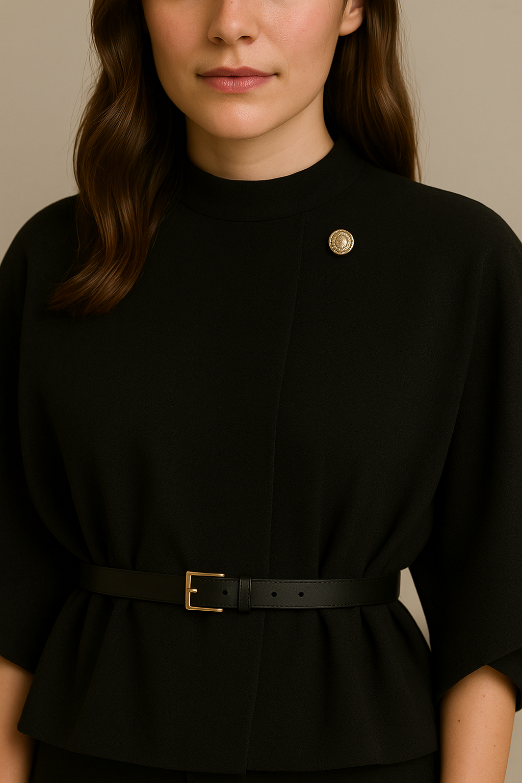 Stand Collar Wool Cloak Coat with Belt in Black