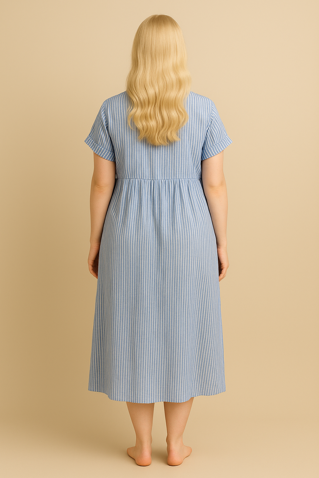 Blue Striped Long Sleeve Maxi Dress with Classic Collar