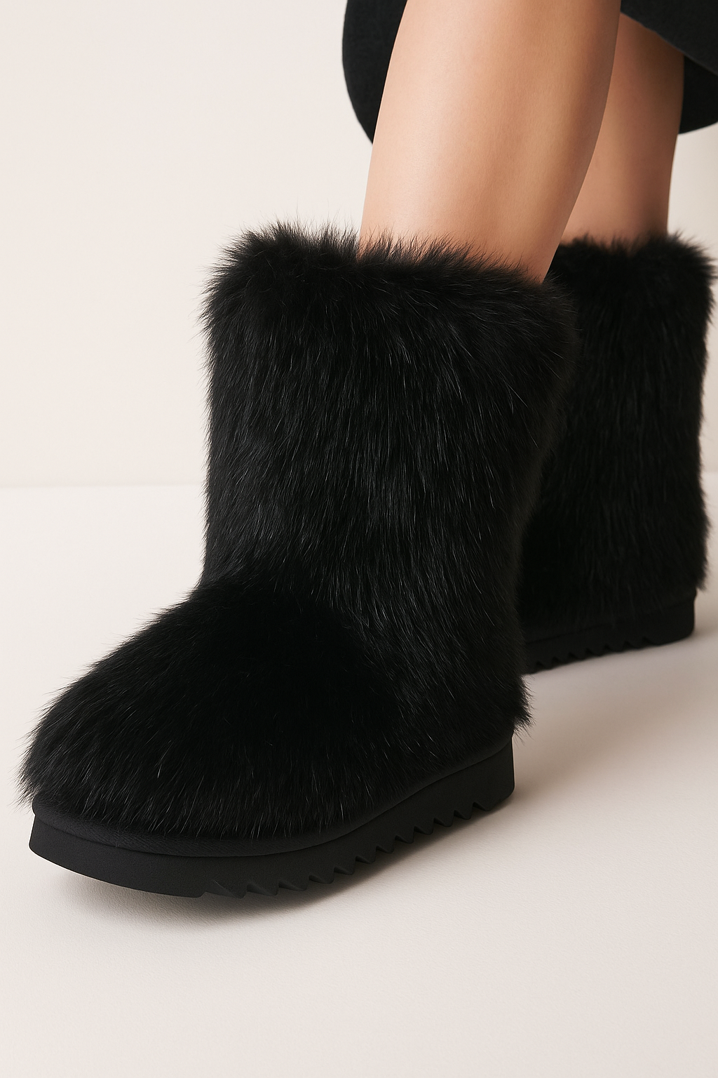 Black Furry Winter Boots with Non-Slip Sole & Warm Fleece Lining