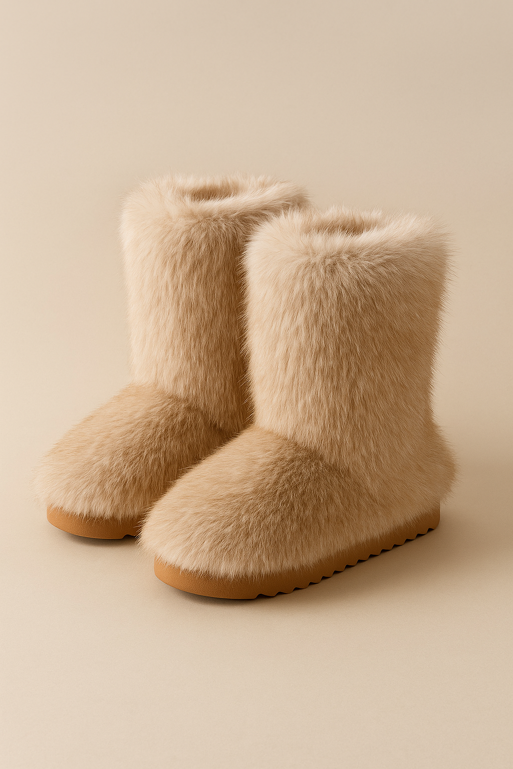 Beige Furry Winter Boots with Non-Slip Sole & Warm Fleece Lining