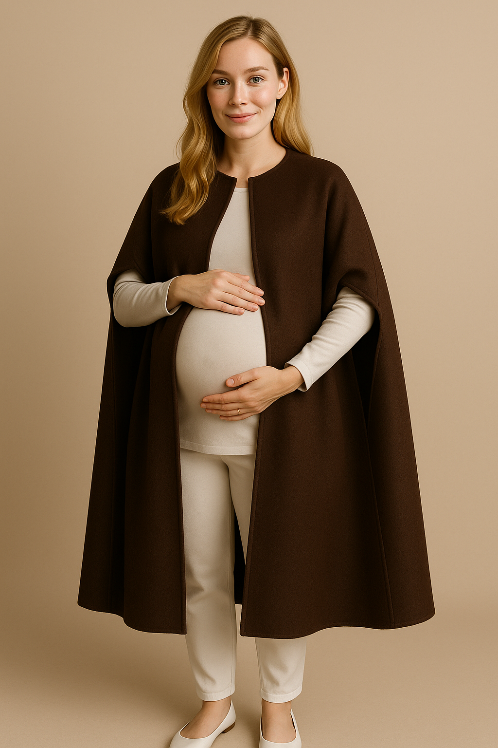 Women's Open Wool Blend Cloak Coat in Brown
