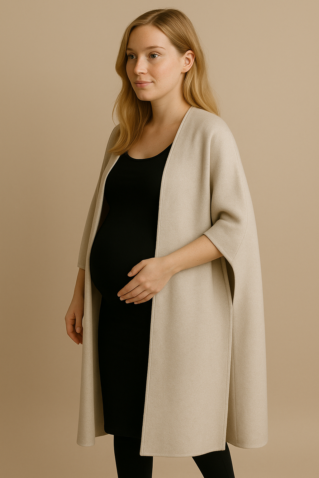 Women's Open Wool Blend Cloak Coat in Beige