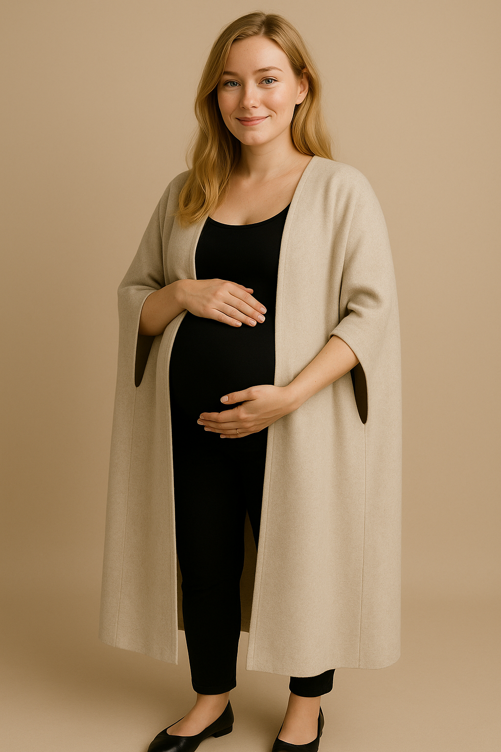 Women's Open Wool Blend Cloak Coat in Beige